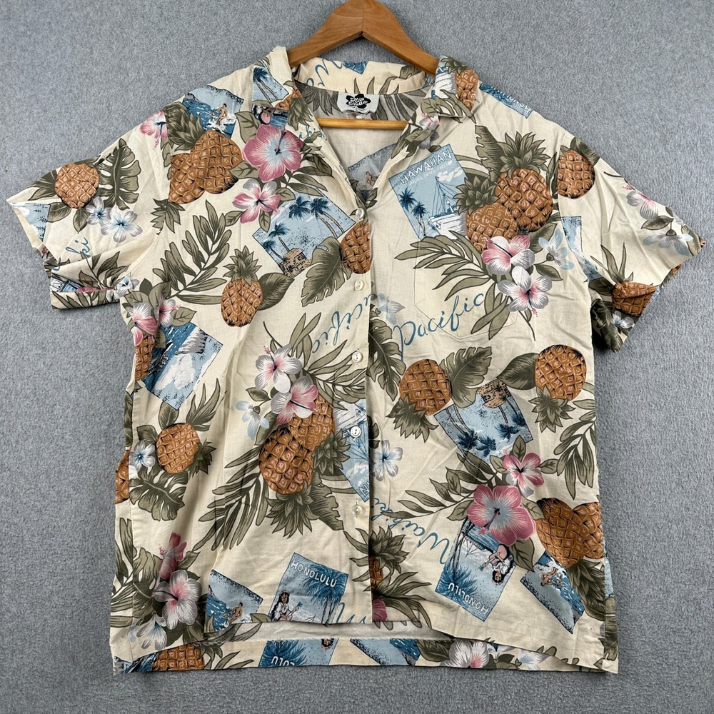 Vintage 90s Hilo Hattie Button Up Shirt Mens L Tan Pineapple Hawaiian Floral